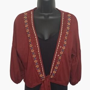 AYLA Embroidered Cropped Cardigan Tie Front Womens Medium Rust